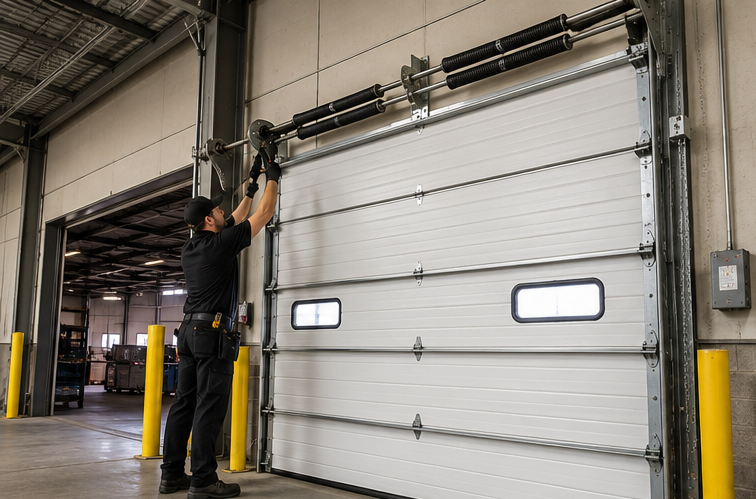 Technician repairing commercial overhead door