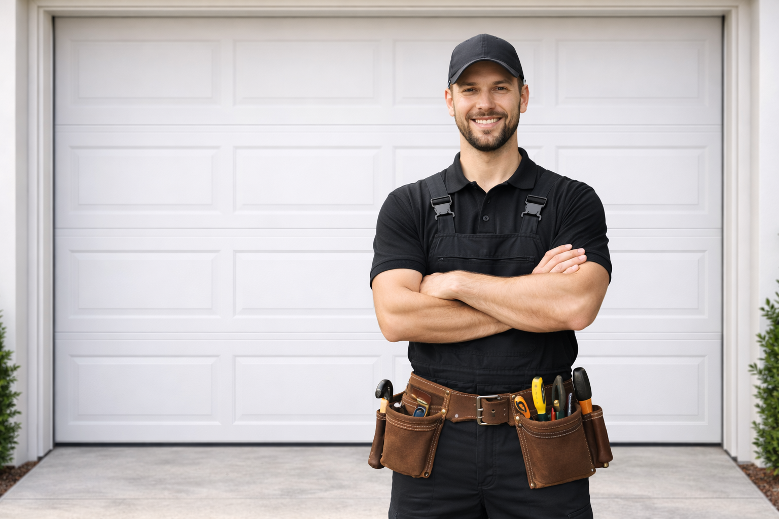 Technician repairing a residential garage door system