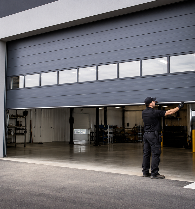Garage door installation technician installing a new overhead door